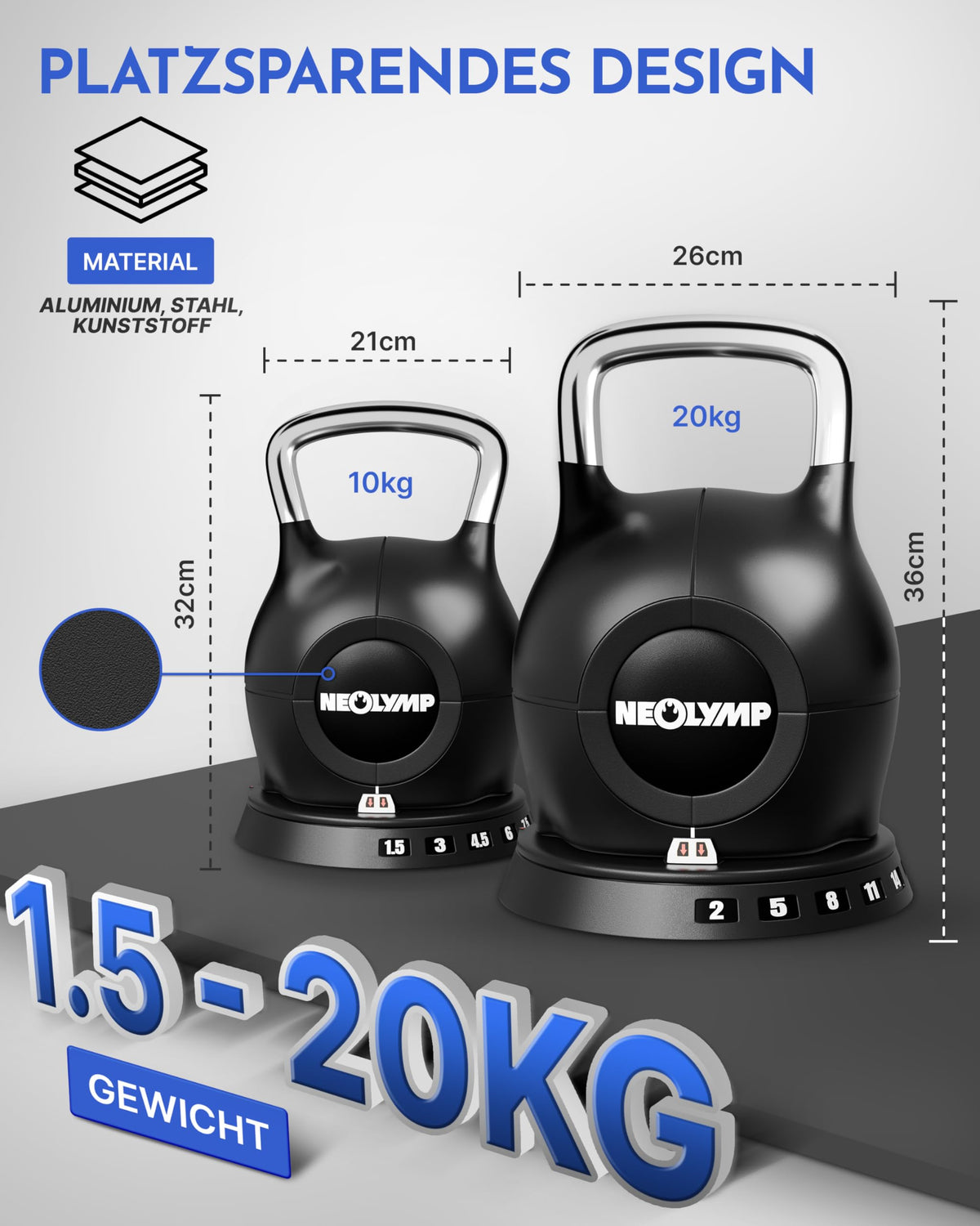 NEOLYMP 7-in-1 Verstellbare Kettlebell 1,5-20kg Kugelhantel mit Edelstahl-Griff