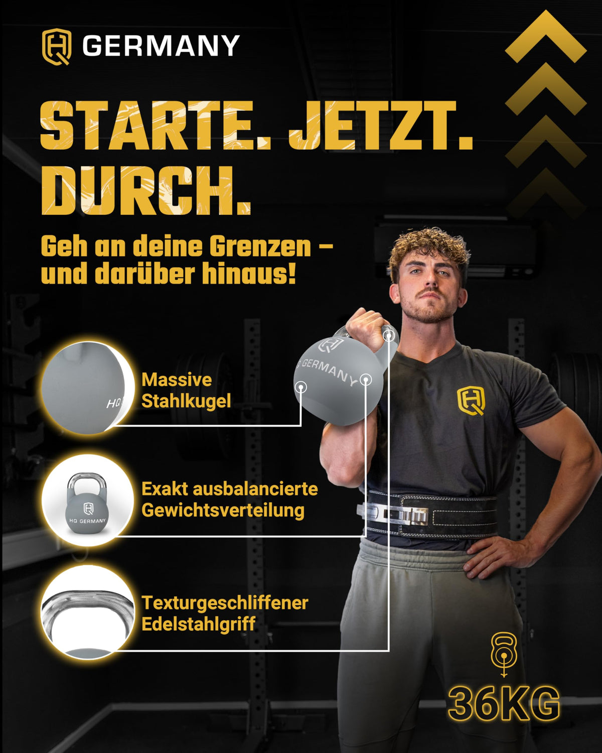 HQ Germany® Competition Kettlebell | 8-36kg | Sets | Edelstahl Griff | ±200g Gewichtstoleranz | Pulverbeschichtet, Gewicht:36KG