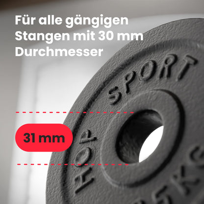 Hop-Sport GUSS Hantelset 76 kg, 1x Langhantel, 1x SZ Stange & 2x Kurzhantel inkl. 14 Hantelscheiben 2x10kg/4x5kg/4x2,5 kg/4x1,25kg (SZ)