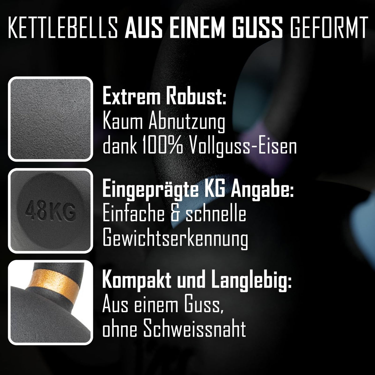 Strength Shop Kettlebell-Set Gusseisen 58kg Gesamtgewicht 10kg+20kg+28kg