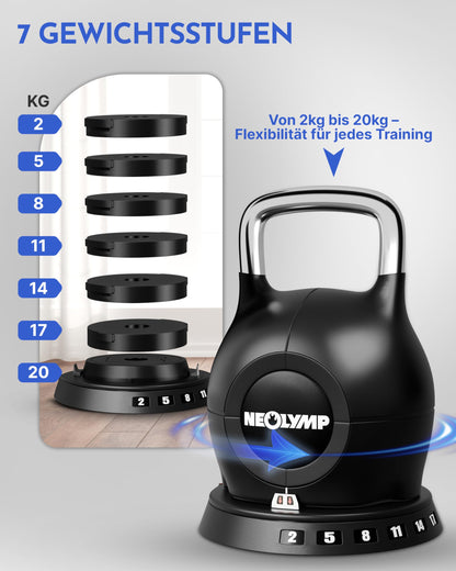 NEOLYMP 7-in-1 Verstellbare Kettlebell 1,5-20kg Kugelhantel mit Edelstahl-Griff