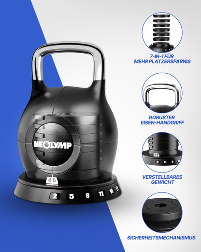 NEOLYMP 7-in-1 Verstellbare Kettlebell 1,5-20kg Kugelhantel mit Edelstahl-Griff