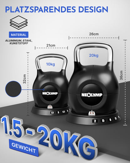 NEOLYMP 7-in-1 Verstellbare Kettlebell 1,5-20kg Kugelhantel mit Edelstahl-Griff