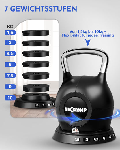 NEOLYMP 7-in-1 Verstellbare Kettlebell 1,5-20kg Kugelhantel mit Edelstahl-Griff
