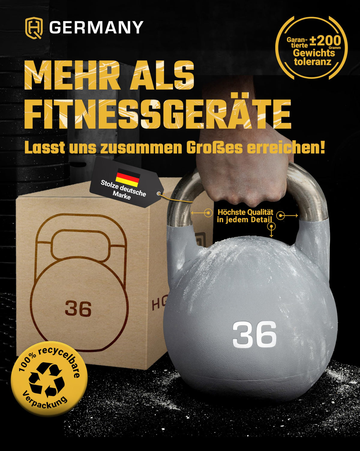 HQ Germany® Competition Kettlebell | 8-36kg | Sets | Edelstahl Griff | ±200g Gewichtstoleranz | Pulverbeschichtet, Gewicht:36KG