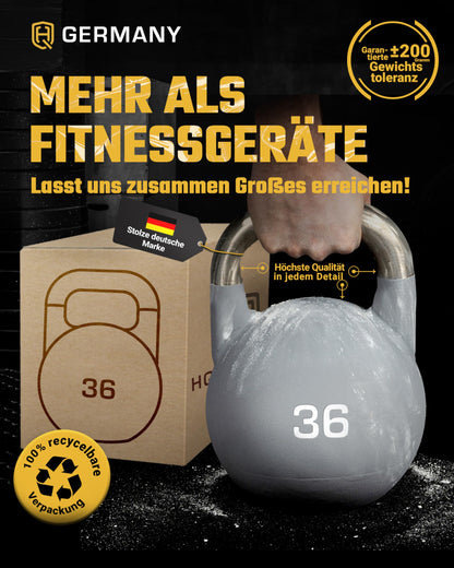 HQ Germany® Competition Kettlebell | 8-36kg | Sets | Edelstahl Griff | ±200g Gewichtstoleranz | Pulverbeschichtet, Gewicht:36KG