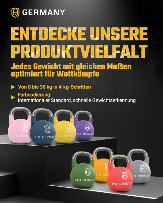HQ Germany® Competition Kettlebell | 8-36kg | Sets | Edelstahl Griff | ±200g Gewichtstoleranz | Pulverbeschichtet, Gewicht:36KG