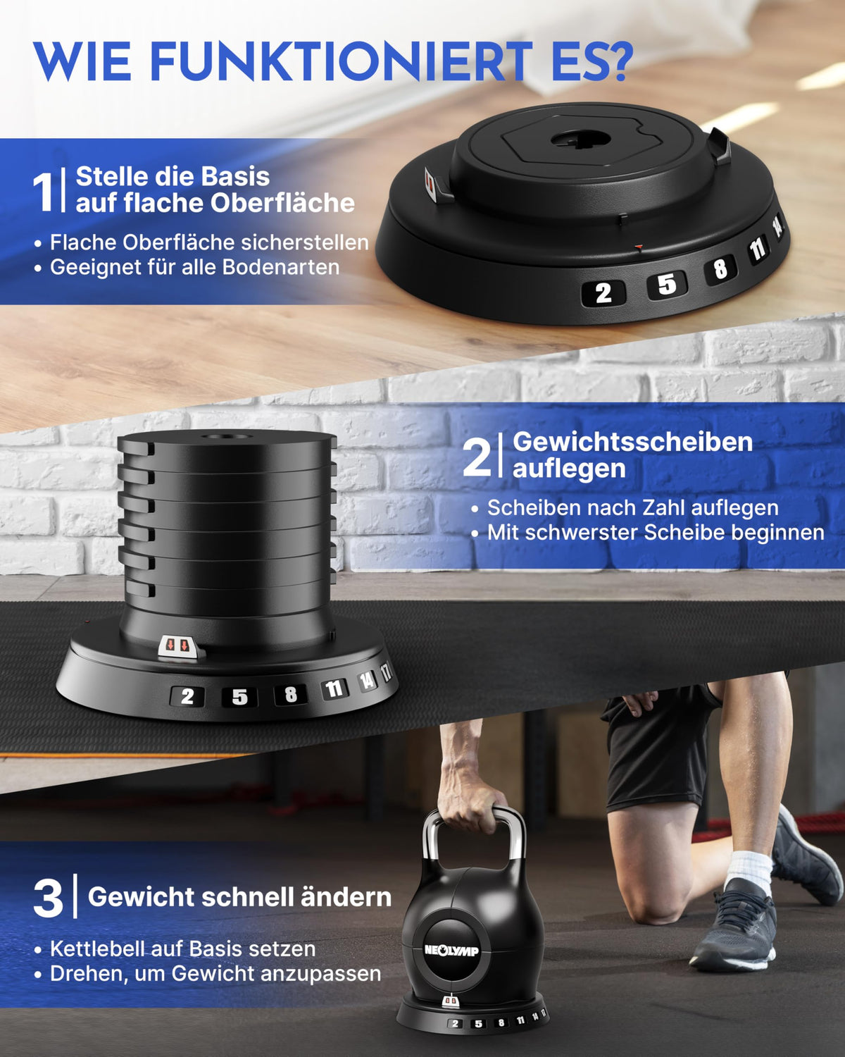 NEOLYMP 7-in-1 Verstellbare Kettlebell 1,5-20kg Kugelhantel mit Edelstahl-Griff