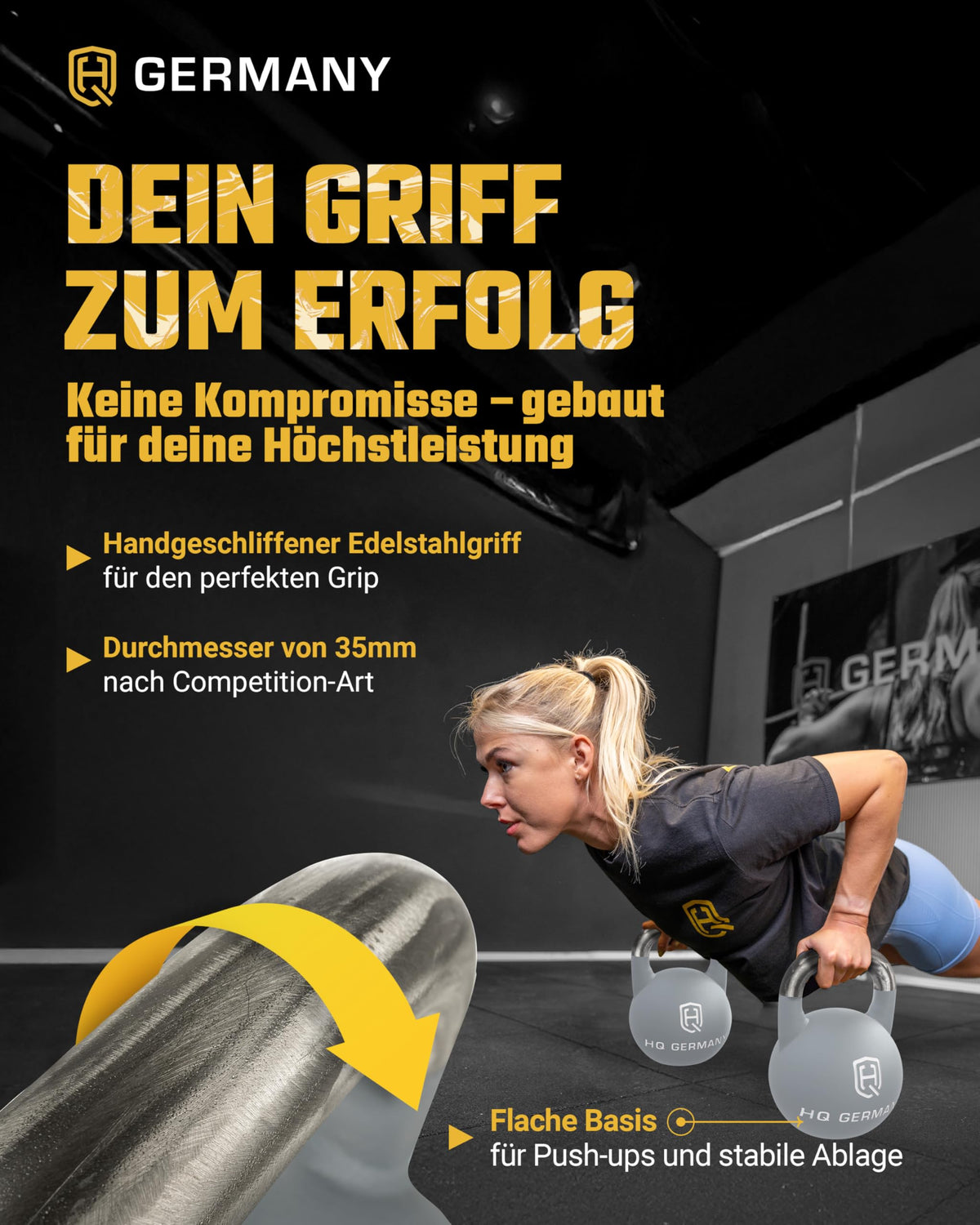 HQ Germany® Competition Kettlebell | 8-36kg | Sets | Edelstahl Griff | ±200g Gewichtstoleranz | Pulverbeschichtet, Gewicht:36KG